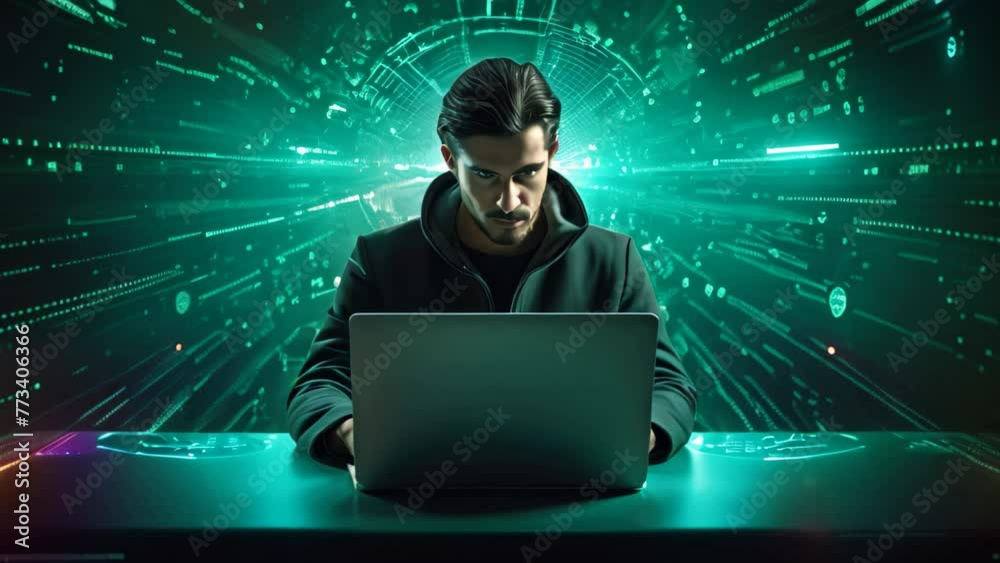 Poster young hacker stealing data from a laptop with a binary code on the background, a cyber security expe