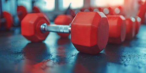 Red dumbbells up close in a contemporary gym highlighting fitness equipment and wellness habits. Concept Fitness Equipment, Wellness Habits, Gym Setting, Red Dumbbells, Contemporary Style - obrazy, fototapety, plakaty