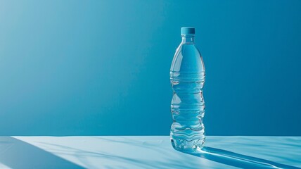A clear plastic bottle filled with water is placed on top of a wooden table