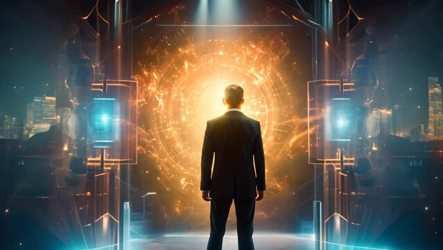 Back view of young businessman standing in futuristic space with HUD interface on background, A businessman standing in front of a digital glowing cyber portal with a binary network, AI Generated