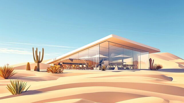 Modern desert cafe with panoramic view of sand dunes, architectural concept illustration