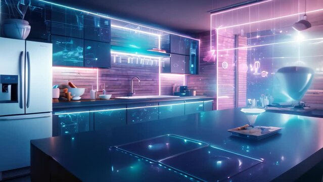 3d Illustration of blue modern kitchen in a house with a beautiful design, A smart kitchen interior with glowing network connections and a digital technology hologram, AI Generated
