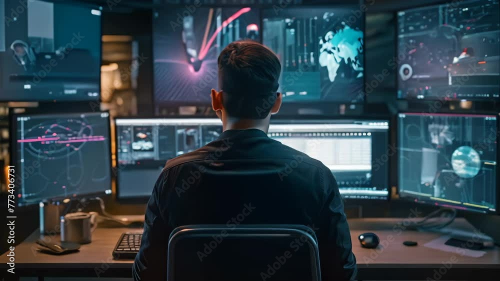 Poster back view of young businessman sitting at desk in front of computer monitors, a software engineer en