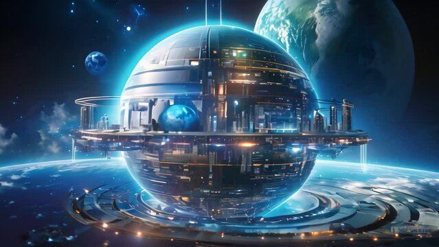 Science fiction illustration of a planet earth in the space. 3D rendering, A space station orbiting a planet with digital waves, advanced technology, and holographic displays, AI Generated