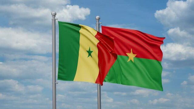 Burkina Faso and Senegal two flags waving together, looped video, two country relations concept