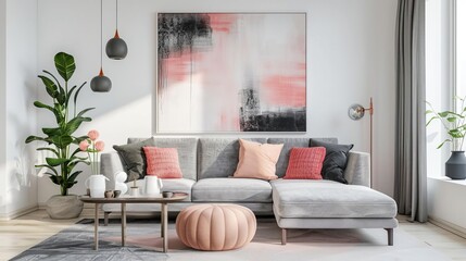 Fototapeta na wymiar Modern living room interior with grey sofa and pink accents, abstract art on white wall, 3D render