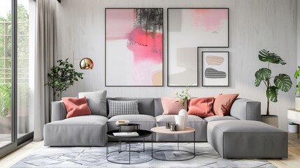 Modern living room interior with grey sofa and pink accents, abstract art on white wall, 3D render
