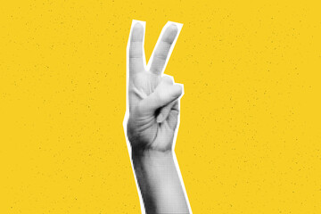 Collage element of Victory hand. Halftone hands showing piece sign against bold yellow textured background with copy space. Cut out of magazine shape. Grunge modern retro vector illustration