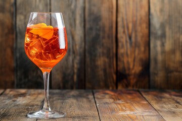 A glass of Aperol spritz cocktail on a wooden table, spritz cocktail on a wooden table, cocktail closeup, cocktail isolated, halal cocktail, fruits cocktail, healthy cocktail, fresh cocktail  - obrazy, fototapety, plakaty