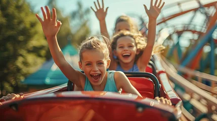 Fotobehang Mother and children riding rollercoaster, amusement park fun, summer family activity, stock photo © Jelena
