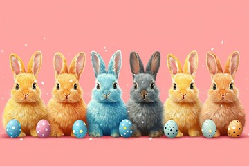 Isolated in pastel pink background, flat illustration style, with easter rabbits