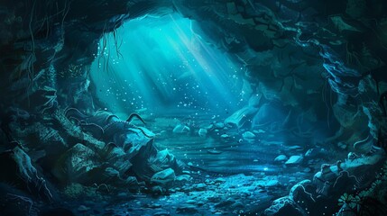 Mysterious underwater cave with eels twisting through rocky crevices, digital painting