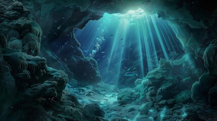 Mysterious underwater cave with eels twisting through rocky crevices, digital painting - obrazy, fototapety, plakaty
