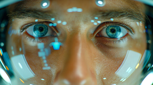 Portrait of spaceman viewed through visor with digital reflections.