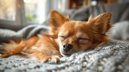 Fototapeta premium Sleeping Chihuahua on a cozy gray blanket with soft focus background.