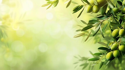 Olive Branch with Green Olives on Green Background, Olive Oil Banner