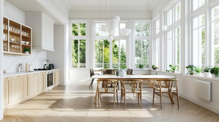 Open plan dining room and kitchen in a new home, featuring white walls, ceilings, parquet floors, and beautiful light-colored wood and marble furniture, 3D rendering