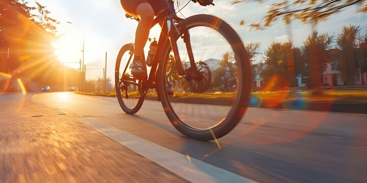 A blurry photo of a cyclist riding a mountain bike on a road at sunset. Concept Cycling, Mountain Bike, Sunset, Motion Blur, Outdoor Adventure