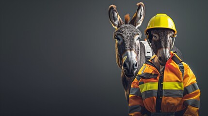 Celebrating World Safety Day, a composed donkey wearing a bright safety jacket and a protective yellow helmet stands with dignity.