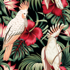 Tropical vintage palm leaves, red hibiscus flower, pink cockatoo parrot floral seamless pattern black background. Exotic jungle wallpaper.