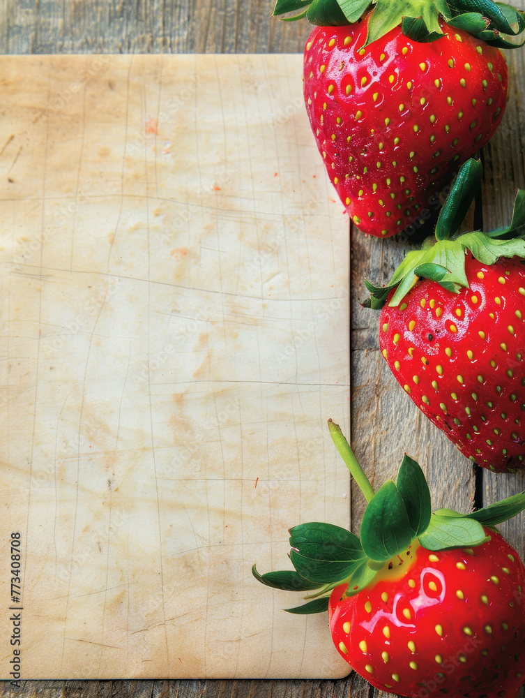 Sticker Strawberries beside a brown paper on a rustic wooden table.