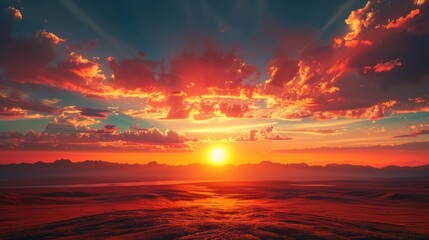 A breathtaking sunset over an endless desert horizon.