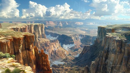 A panoramic view from the top of a towering cliff, overlooking a vast canyon. - obrazy, fototapety, plakaty