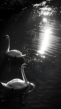 Black and white picture of swans on calm lake.