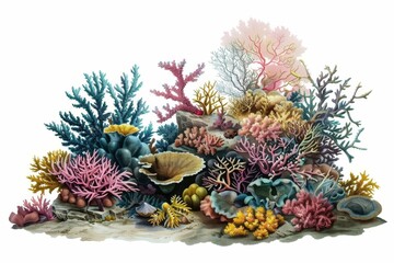 Naklejka na ściany i meble Vintage coral reef isolated on white background, underwater ocean life cutout