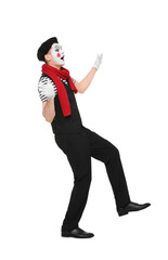 Funny mime artist making shocked face on white background