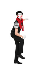 Funny mime artist in beret posing on white background