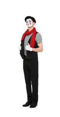 Funny mime artist in beret posing on white background