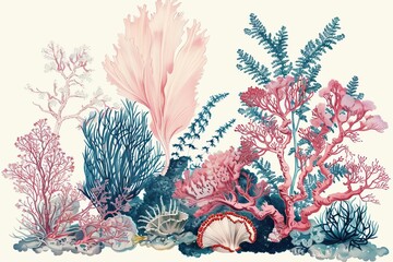 Vintage botanical illustration of corals and seaweed, pink and blue line art clipart