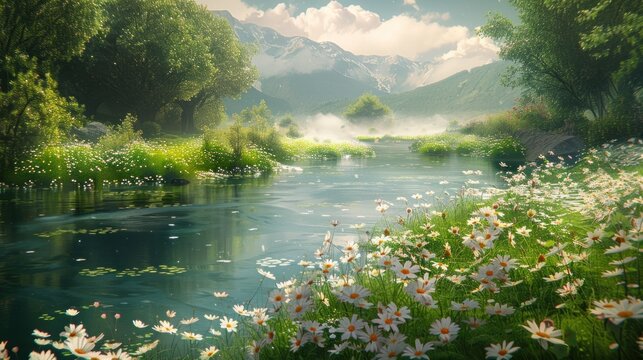 A tranquil river winding through serene countryside dotted with blooming wildflowers.
