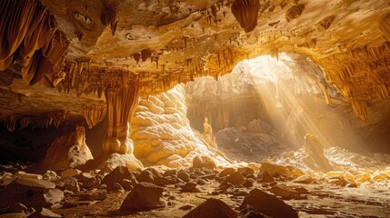Exploring ancient caves adorned with mysterious rock formations. - obrazy, fototapety, plakaty