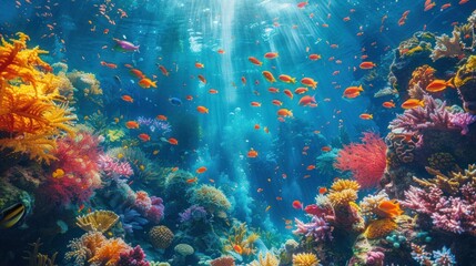 Obraz na płótnie Canvas Vibrant coral reefs teeming with exotic marine life beneath the turquoise sea.