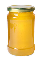 Tasty natural honey in glass jar isolated on white