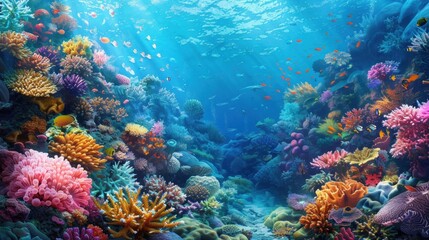 Naklejka na ściany i meble Vibrant coral reefs teeming with exotic marine life beneath the turquoise sea.