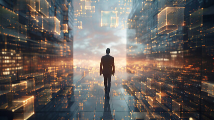 A successful businessman in suit walking above modern city tranparent glass blocks with artistically blended with a city. business strategy and opportunities concept. - obrazy, fototapety, plakaty