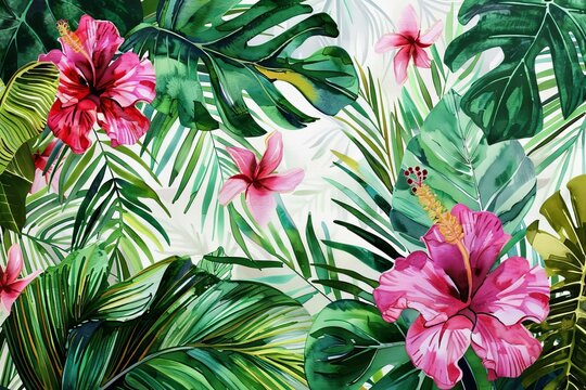 Vibrant tropical leaves and flowers pattern, exotic botanical background, watercolor illustration