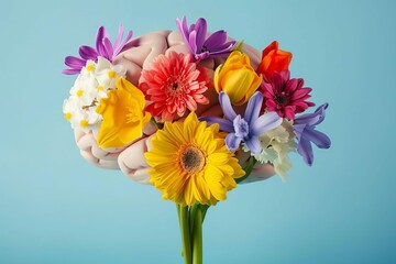 Vibrant spring flowers blooming from a human brain, mental health and well-being concept