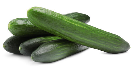 Many long fresh cucumbers isolated on white
