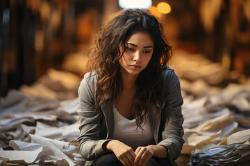 A young female student sits upset among a pile of papers. - obrazy, fototapety, plakaty