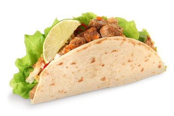 Delicious taco with meat, vegetables and slice of lime isolated on white