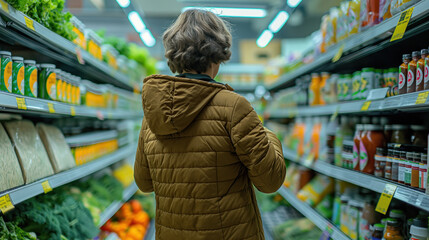 Woman Shopping in Grocery Store Aisle, Choosing Healthy Food