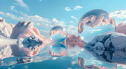 Panoramic background with round mirrored geometric figures among lakes and rocks.