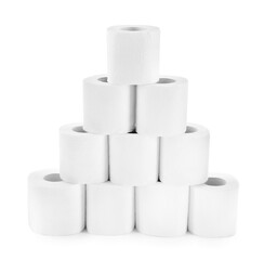 Pyramid of toilet paper rolls isolated on white