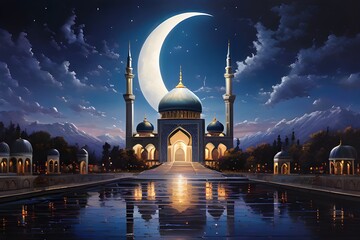 A serene night scene of a mosque with a crescent moon shining brightly in the sky.
