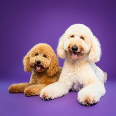 Beautiful goldendoodle dog isolated on Purple background. looking at camera .front view.dog studio portrait.happy dog .dog isolated .puppy isolated .puppy closeup face,indoors.cute puppy isolated .