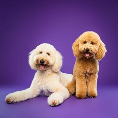 Beautiful goldendoodle dog isolated on Purple background. looking at camera .front view.dog studio portrait.happy dog .dog isolated .puppy isolated .puppy closeup face,indoors.cute puppy isolated .